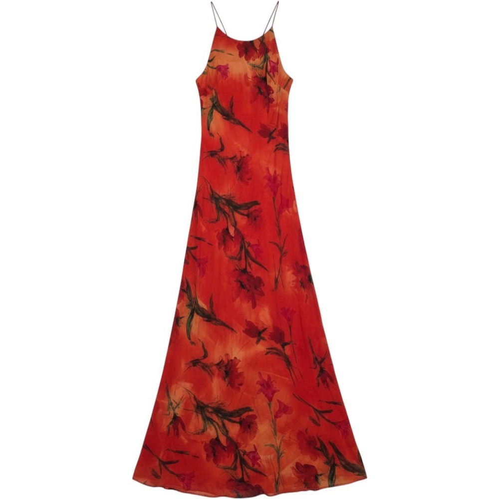 Joseph Ribkoff Maxi Dress 6 Red Orange Floral Vintage 90s Union Art-Inspired